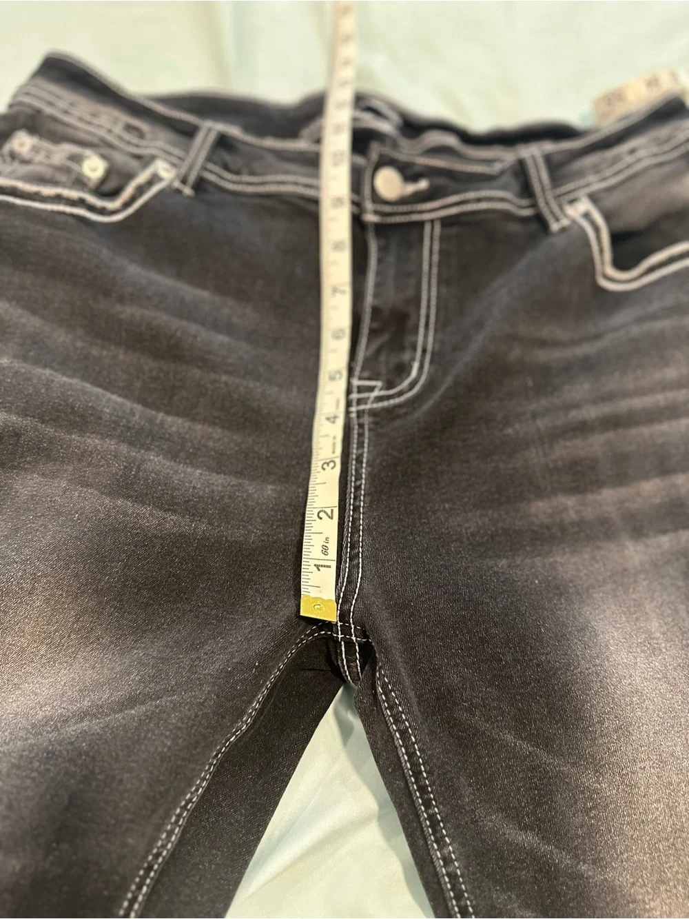 Flamingals black distressed Y2K style jeans Sz:2XL Straight Leg white stitching.